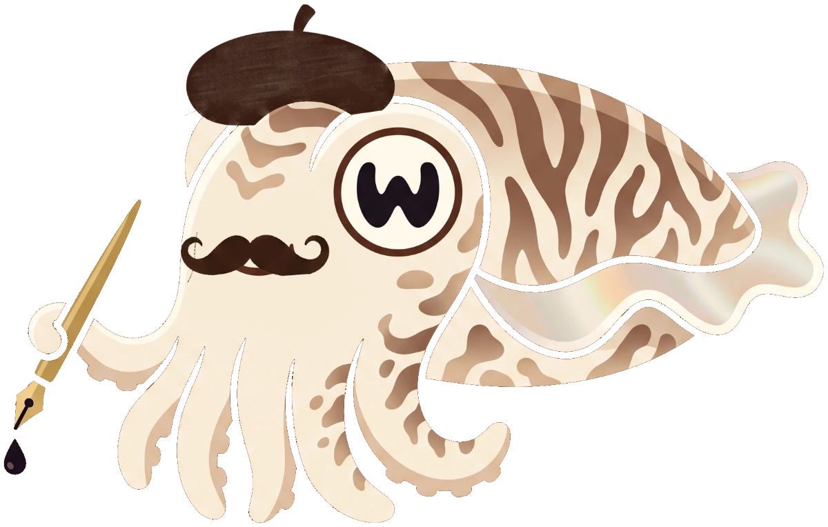 Sepia, a cream cuttlefish with brown zebra stripes and a W-shaped pupil, holding a gold dip pen