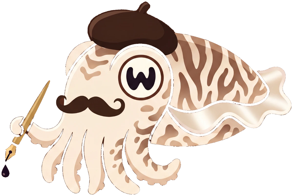 Sepia, a cream cuttlefish with brown zebra stripes and a W-shaped pupil, holding a gold dip pen